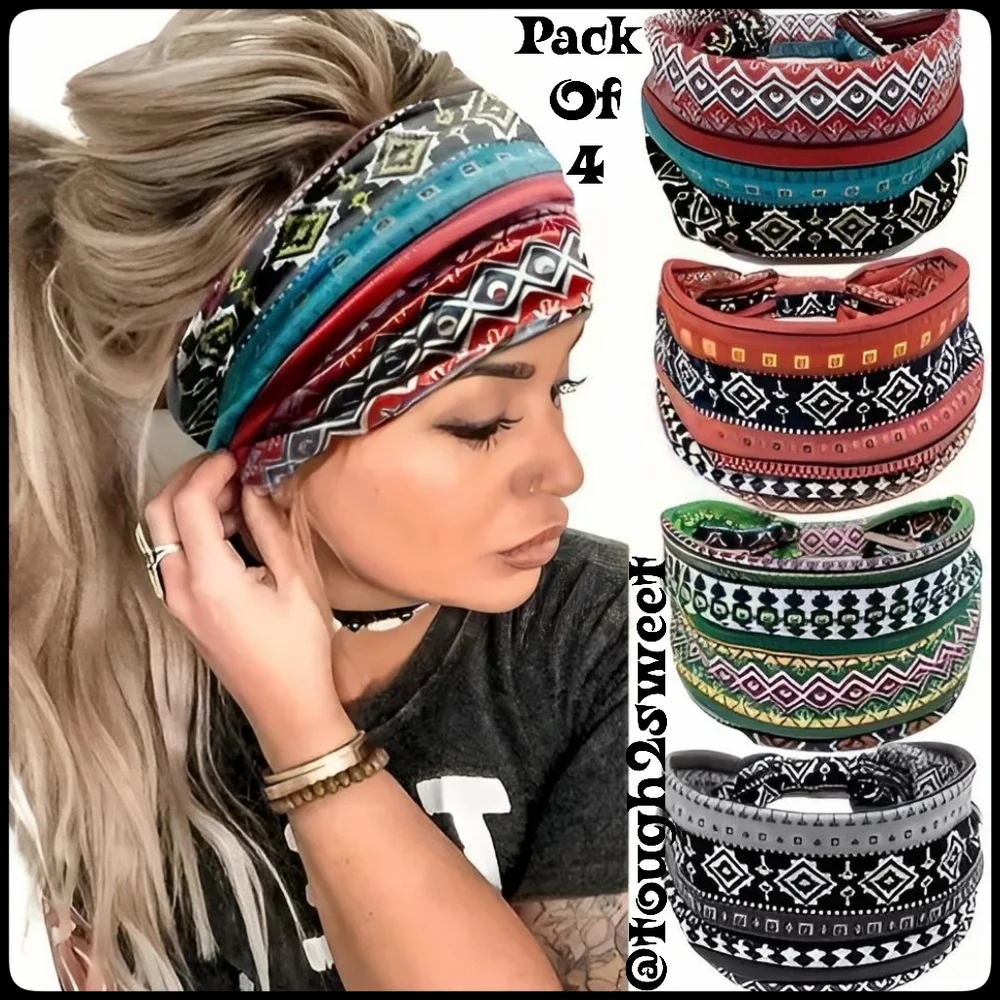 🆕️LAST SET❣️BOHO RETRO AZTEC MULTICOLOR ACTIVE WEAR HEADBAND SET OF 4